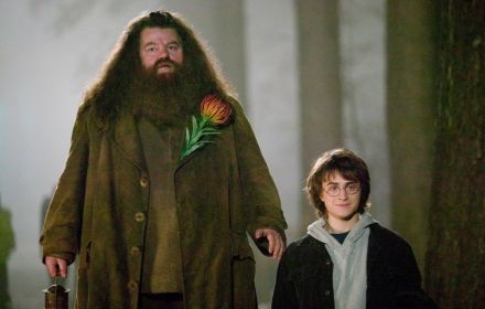 Een foto van Robbie Coltrane en de cast van Harry Potter. 
