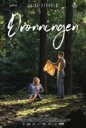 movie poster of a couple in a green forest. the woman sits on the ground and buttons up her blouse, the boy puts on his shirt.